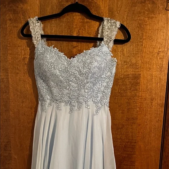 La Femme Light Blue Lace Prom Dress - Picture 2 of 8